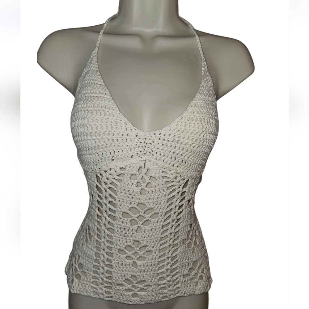 Hand Crafted Crochet Crop-Top Handmade Floral pattern Swim cover-up Cream #752 - Picture 3 of 17